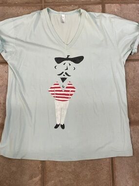 American Apparel Light Blue V-Neck Tee with Black and Red Graphic